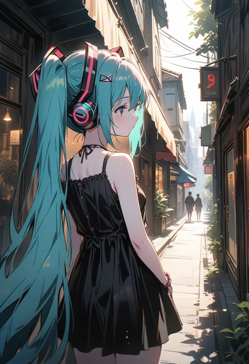 ((hatsune miku)), strolling, wear casual clothes, tree-lined street, long shot, pale skin, tired face, 8k,wallpaper of extremely detailed CG unit, masterpiece,hight resolution,top-quality,top-quality real texture skin,hyper realisitic,increase the resolution,RAW photos,best qualtiy,highly detailed,the wallpaper,cinematic lighting,ray trace,golden ratio, long shot,