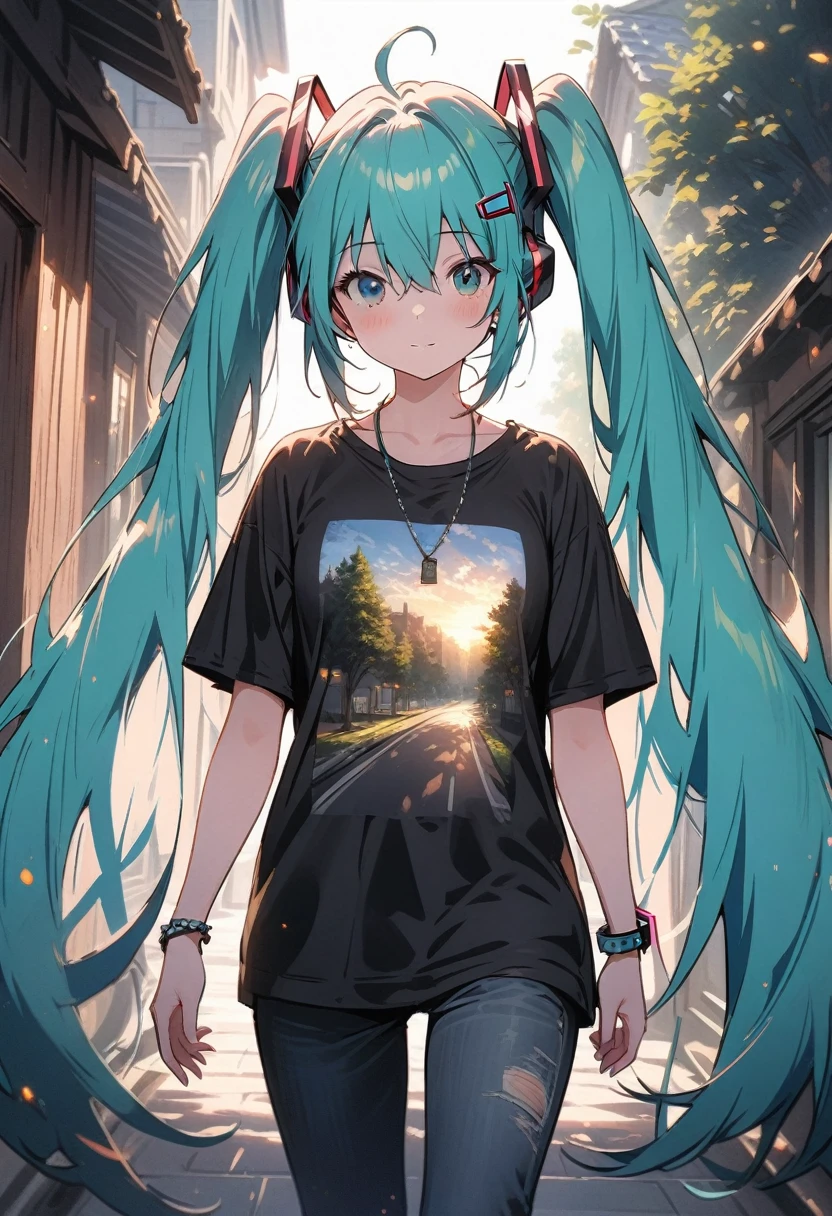 ((hatsune miku)), strolling, wear casual clothes, tree-lined street, long shot, pale skin, tired face, 8k,wallpaper of extremely detailed CG unit, ​masterpiece,hight resolution,top-quality,top-quality real texture skin,hyper realisitic,increase the resolution,RAW photos,best qualtiy,highly detailed,the wallpaper,cinematic lighting,ray trace,golden ratio, long shot, 