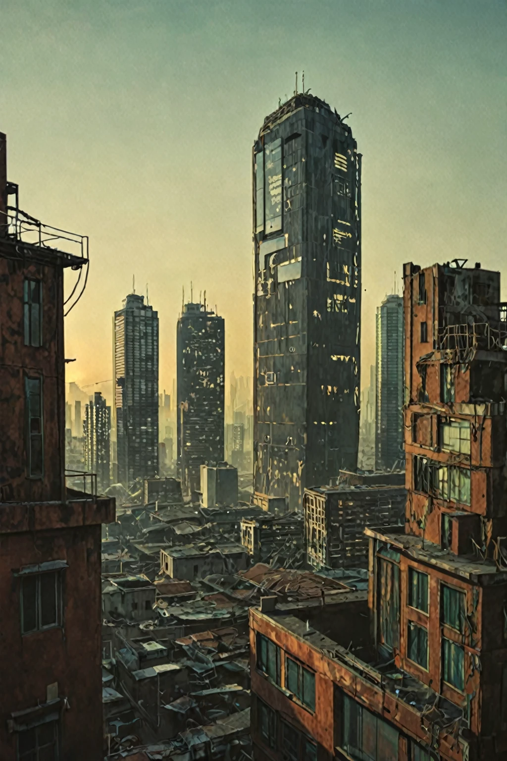 Create a video scene set in a dystopian, futuristic city similar to the one in 'Ghost in the Shell.' The scene focuses on a tall, abandoned building with broken windows and a dilapidated exterior, shrouded in darkness and lit only by distant neon lights. The camera captures a wide shot of the building, emphasizing its height and eerie atmosphere. Suddenly, a shadowy silhouette, resembling a ninja, makes a swift and agile leap from the rooftop. The figure is barely visible, moving with incredible speed, and the scene conveys a sense of stealth and danger as the ninja disappears into the night