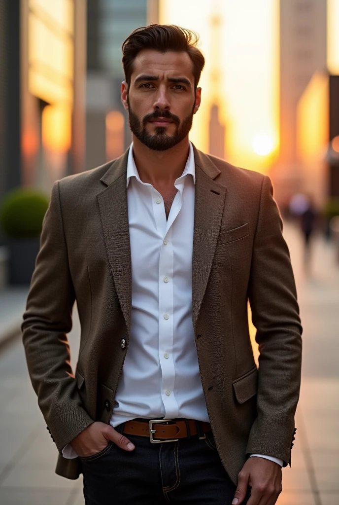 Man with a manly physique, Brown skin, Brown hair, defined beard, Arabic features, and hazel eye color, wearing smart casual, age 50 years