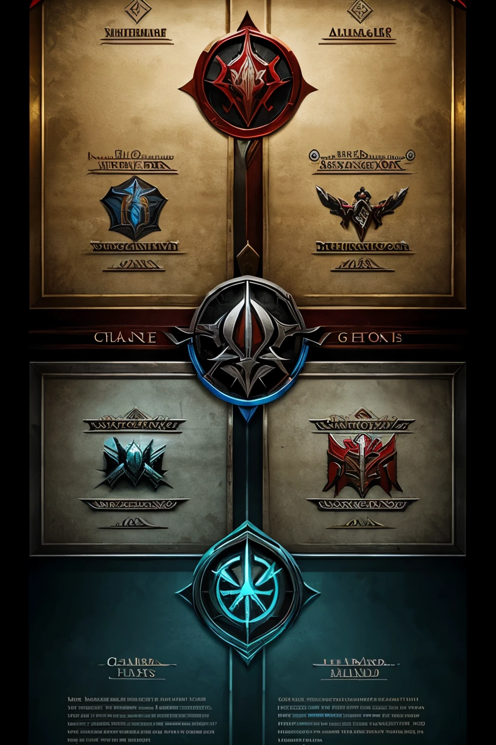 Symbols of the Assassin's Creed video games, World of Warcraft and Dota 2, arranged in columns