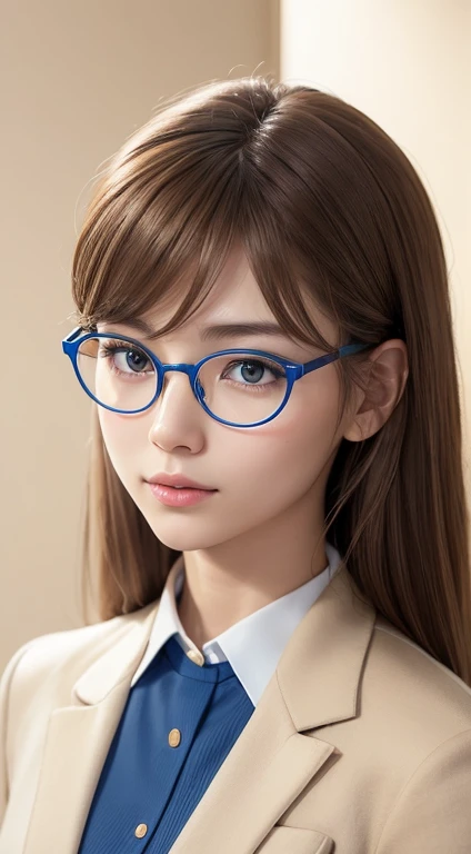 A clean and bright impression is preferred for the photograph.、 (Realistic:1.4), RAW Photos, Japanese women、alone、((((Beautiful face like an actress)))),((((Beige formal suit:1.4)))),(((Delicate round glasses)))、Realistic proportions, Complex,detailed, Sharp focus,high quality, Ultra-high resolution, masterpiece, completion, detailed.impressive, Attention to detail, (((A simple blue background:1.4))),((( Studio Light:1.3 ))),((Light light brown hair:1.2)、Realistic skin texture,