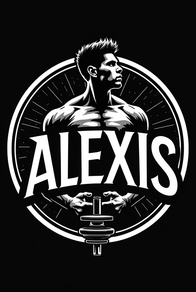 Logo for my personal trainer brand that is monochromatic, only black and white containing my name, which is Alexis and this in a circular format and makes reference to weight lifting that refers to Dorian Yates the bodybuilder