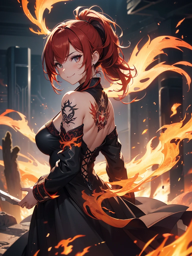 (((best quality, sharp image, clear image, cinematic lighting, 8k resolution, masterpiece, ultra detailed, intricate))) Girl, (((looking over left shoulder))), (shot from behind), ((shot from hip up)), fiery red hair, pigtails, ((intricate black dress)), ((flaming sigils, flaming runes)), spiky rock formations, (flaming lotus flowers frame), (intricate background), (chaotic background), (busy background), ((Phoenix)), (swirling flames), smiling,tatoo on back