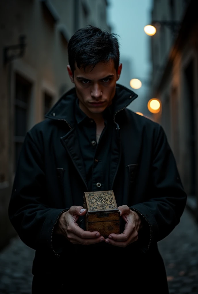 one men, tall young and handsome with black hair in a short cut, with an unfriendly expression and an intense look, He is wearing old black clothes and is holding a small rectangular wooden box..
