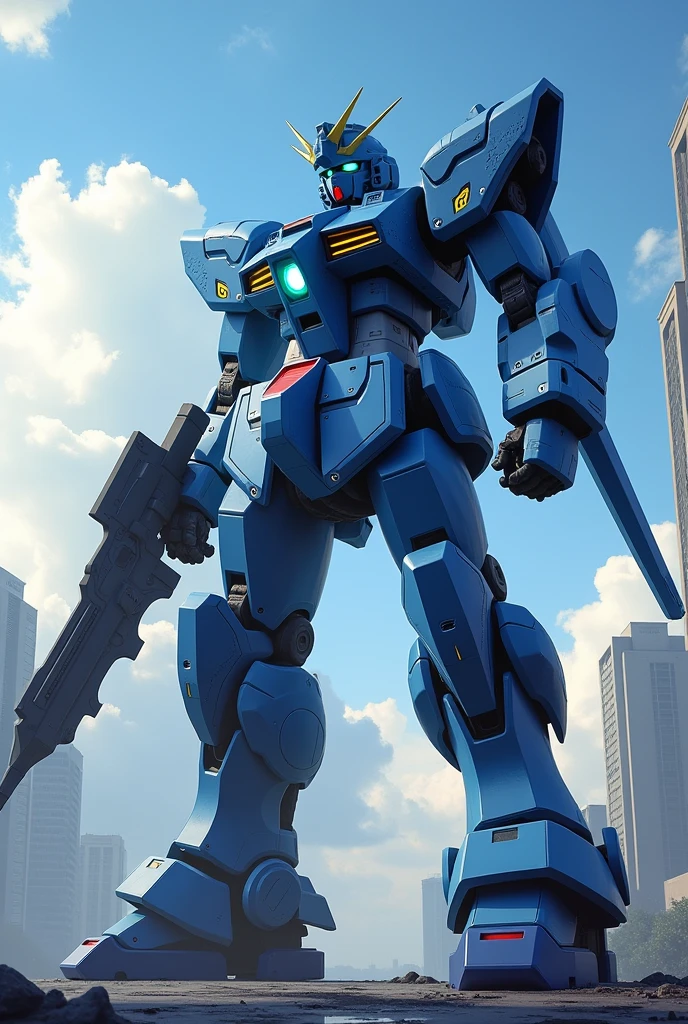 high definition, sky, clouds, spear weapon, glowing, state-of-the-art robot, building, glowing eyes, state-of-the-art mech, science fiction, city, real, blue main mech, core on chest,like Poseidon,