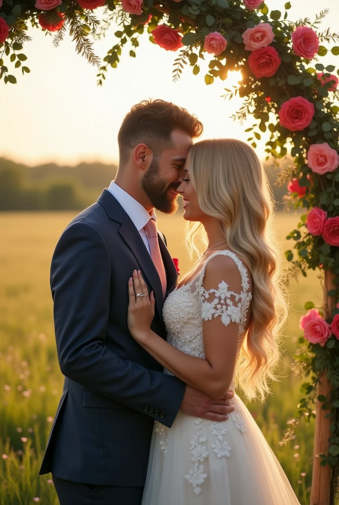 a Russian wedding between  white cousins, male and female, their names are Mira and Kamran. With three bridesmaids in pink. The bride has dirt blonde hair. 