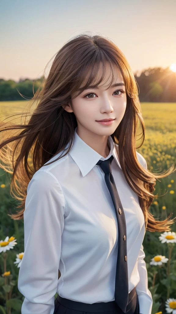 highest quality、genuine、Super detailed、finely、High resolution、8k wallpaper、one beautiful woman、、、light brown disheveled hair、wearing a business suit、sharp focus、perfect dynamic composition、beautiful and detailed eyes、thin hair、Detailed genuine skin texture、smile、model body shape、In a windswept meadow