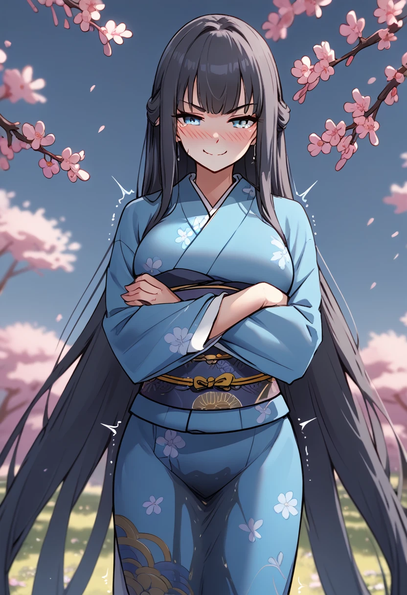 1girl, woman, (wetting self:1.25), desperation, (very long hair:1.5), straight hair, very long bangs, huge breasts, black hair, blue eyes, furisode, kimono, dark blue kimono, yellow furisode, (blushing:1.5), aroused, orgasm, (smirk:1.5), (wavy mouth:1.25), (tears:1.25), (trembling:1.5), (arms crossed:2.0), field, cherry blossoms