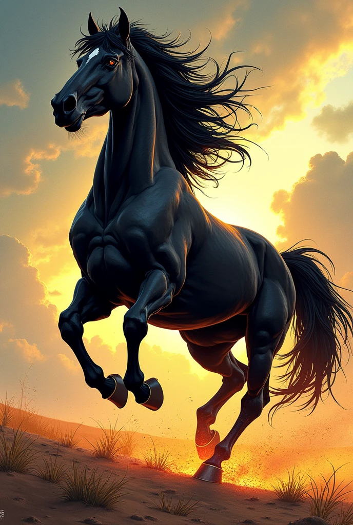 "An impressive black horse, with exaggerated muscular anatomy, designed in the comic book style of Joe Madureira, full of details and energy."