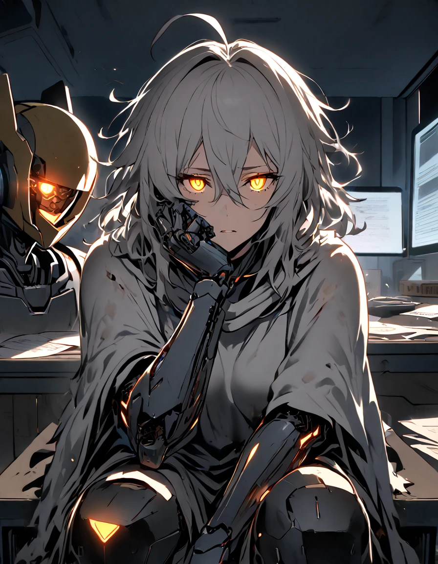 mature, Golden eyes, looking at viewer, female, hospital room background, messy hair, grey shoulder-length hair, ponytail, parted lips, hair between eyes, ahoge, background in low light, dark, night, emotionless, robot, white cloak, black shirt, robotic left eye, sitting down, desk, papers, glowing eyes, hand on face, damaged arms, damaged eye, no emotion, half-robot, prototype, bored