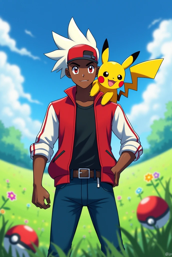 A black-skinned Pokémon trainer, red eyes and white hair, wearing a black shirt, a red jacket with white sleeves, wearing a red cap, dark blue jeans and red sneakers, carrying a Pikachu on his shoulder