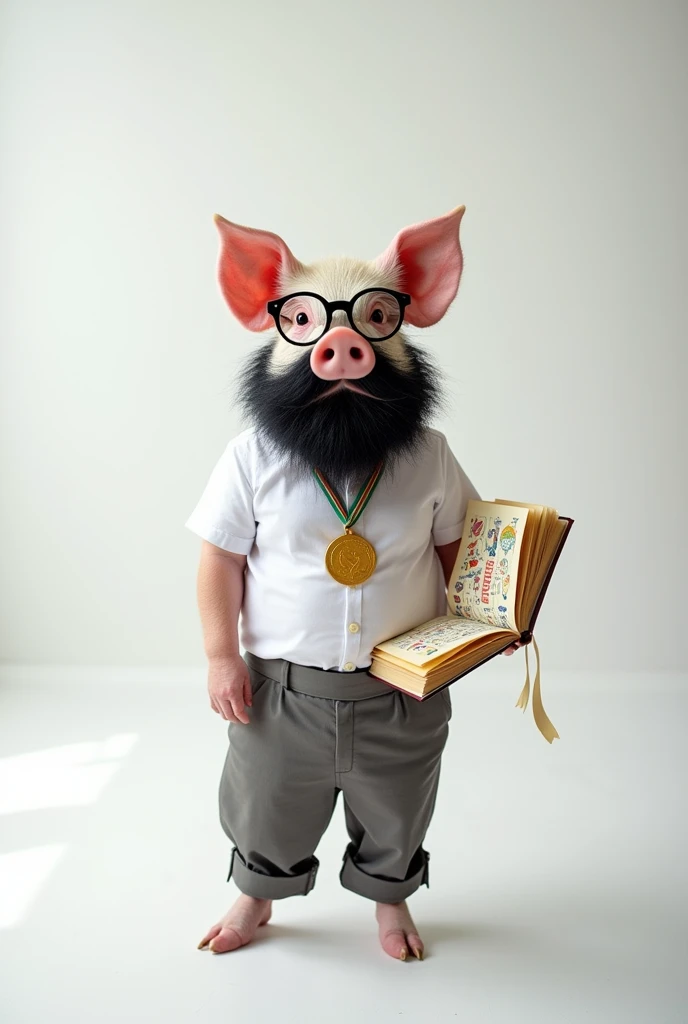 A pig with black beard and specs in beach shirt and pant with a gold medal and a closed book in hand in a white room
