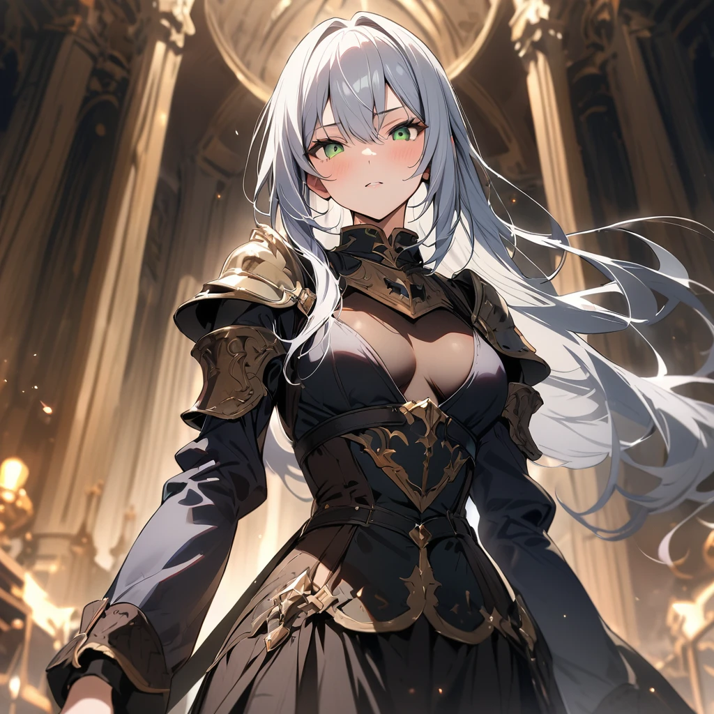 masterpiece,Highest quality, knight, Long Hair, Silver Hair, Green Eyes,((one person's)), (white_armor), Gold ornaments, sword, shield, ((holding sword)), ((Big Breasts)), Exposing the abdomen, one person's, Cleavage, Exposing the legs, ((shield-over_arm)), ((Perfect Face)),addition_detailed:1, addition_detailed:0, addition_detailed:0.5, ((Sword and shield))、Depict the whole body