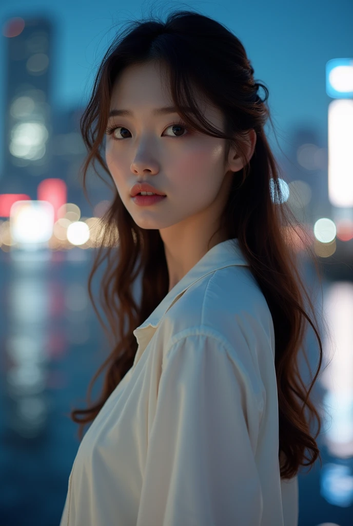 masterpiece、1 beautiful girl、Detailed eyes、Highest quality, 超High resolution, (reality: 1.4), Cinema Lighting、Japanese、Asian Beauty、Korean、Super Beauty、Beautiful Skin、thin、Body facing forward、(Surreal)、(High resolution)、(8k)、(Very detailed)、(Beautiful and detailed)、(Very detailedな)、 (wallpaper)、Detailed face、Bright lighting、Professional Lighting、View your audience、Look straight ahead、The clothing is a beautiful white shirt and dress......、46 point diagonal bangs、Night view、Brown Hair、Nogizaka Idol、Korean Idol、Burning idol pose、、Age 25、expensive,