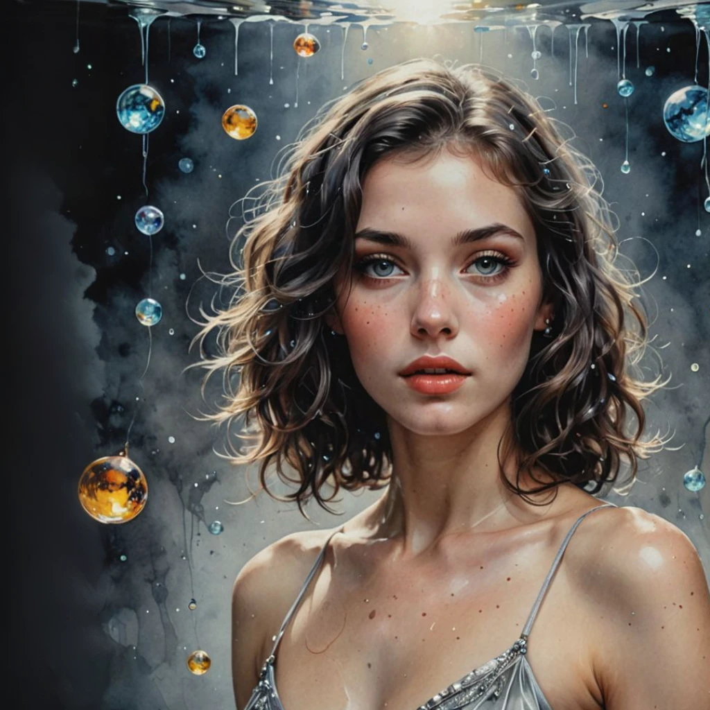 a close-up of a woman in a dress with bubbles in the air, karol behind uhd, detailed painting 4k, 4k detailed oil painting, Realistic illustrative painting, Realistic fantasy painting., Beautiful UHD 4K art, realistic woman oil painting, detailed realistic painting, Artgerm Julie Bell Beeple, A woman in a dress with bubbles in the air, impressive work of art