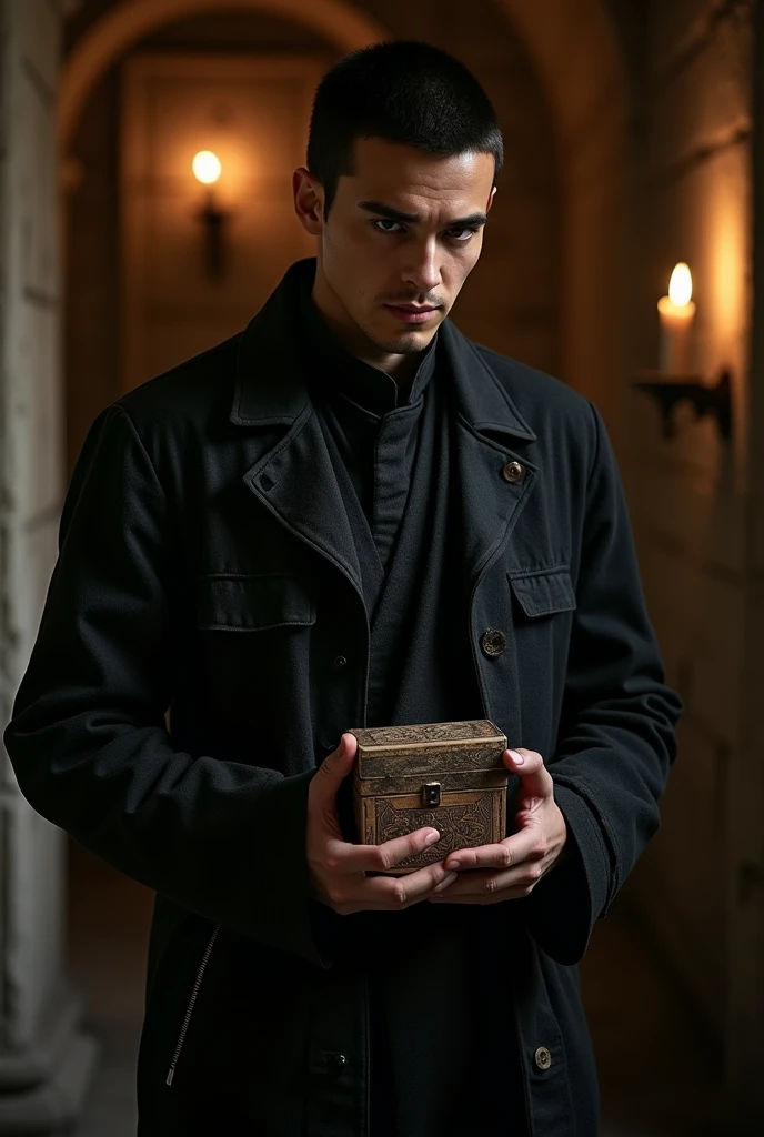 one men, tall young and handsome with black hair in a short cut, with an unfriendly expression and an intense look, He is wearing old black clothes and is holding a small rectangular wooden box..
