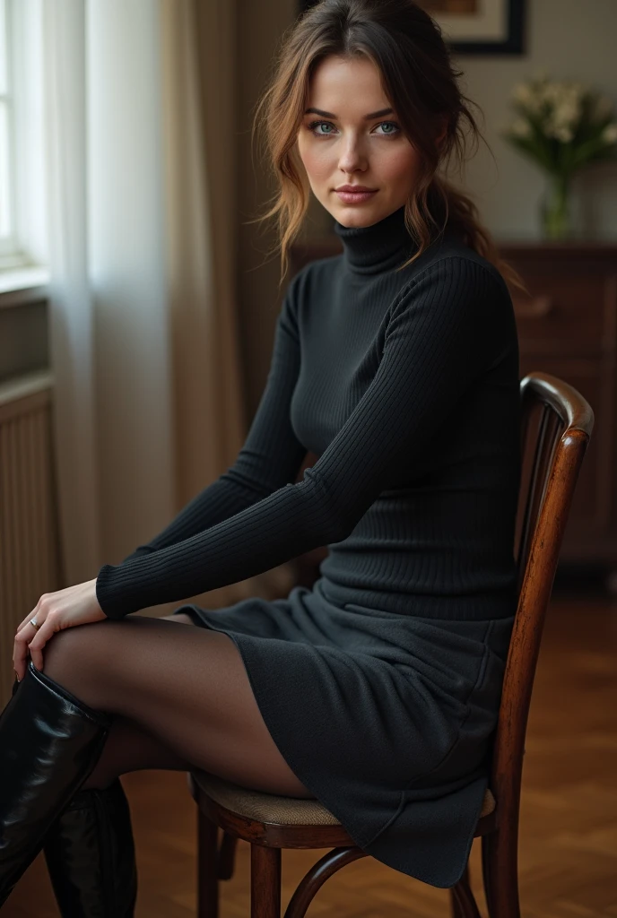 brown hair color、short hair、hair pulled back、ponytail、cute face、 she wears a turtleneck and a skirt.、she has blue eyes、black pantyhose、sitting on a chair、crossed legs、wearing black knee high boots、adult german woman、full body portrait、indoor.、