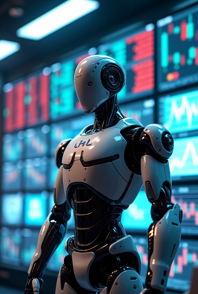 Futuristic robot operating the stock market, with LH letters on the chest, and with several monitors around him, with stock market graphics