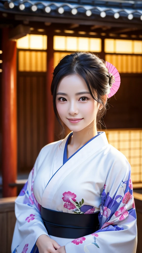 (Super beautiful woman in kimono)、((highest quality、8K masterpiece:1.3))、sharp focus:1.2、(super beautiful face:1.0)、(shiny skin:1.0)、realistic pictures、black hair、video lighting、High resolution eyes and face、video lighting、japanese actress、from the front、with a happy smile、whole body、wearing a kimono、in Kyoto、(luxury obi)、with a fan、Fireworks Display