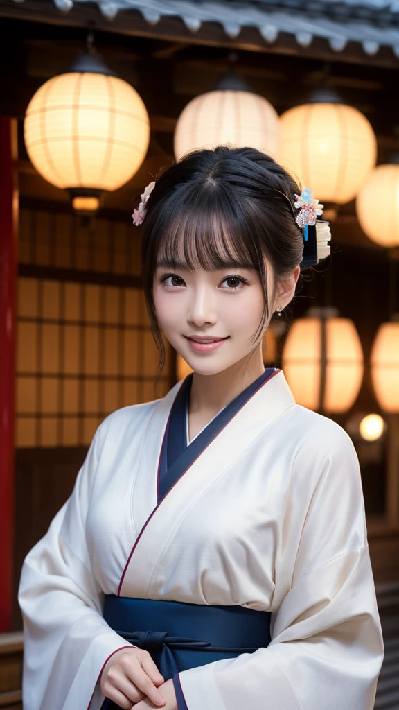 (Super beautiful woman in kimono)、((highest quality、8K masterpiece:1.3))、sharp focus:1.2、(super beautiful face:1.0)、(shiny skin:1.0)、realistic pictures、black hair、video lighting、High resolution eyes and face、video lighting、japanese actress、from the front、with a happy smile、whole body、wearing a kimono、in Kyoto、(luxury obi)、with a fan、Fireworks Display