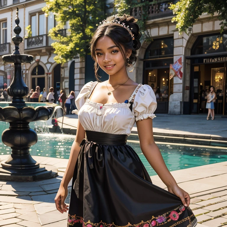 (​masterpiece, best quality:1.5), highest quality, High resolution, super detailed, Realists, Upper body photo of a 16-year-old Black girl, black skin, detailed and beautiful eyes, beautiful detailed lips, very detailed eyes and face, longeyelashes, A 16-year-old girl in a beautiful long shiny satin dirndl, Tip in the fabric, Beautiful and colorful makeup, elegant and noble々Pose, Beautiful bows in the hair, Ponytail hairstyle with a bow, Munich as a backdrop, bright daylight, bright colors, fine brushstrokes, Portrait style, beautiful color palette, glowing skin, First-class rendering, that captures every detail, enchanting atmosphere, (perfect anatomy:1.2), (The stunning girl wears a beautiful long dirndl. smiling in love and full of joy for the festival, nice legs. She stands next to the fountain and proudly presents herself. The girl stands and dances for joy and lets her skirt dance   (magnificent panorama view:1.2)