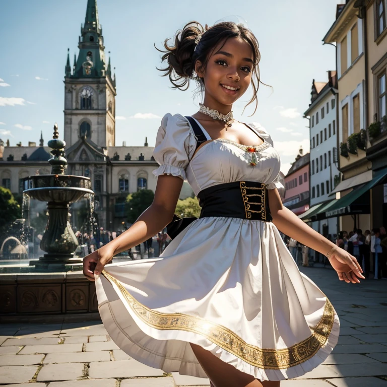(masterpiece, best quality:1.5), highest quality, High resolution, super detailed, Realists, Upper body photo of a 16-year-old Black girl, black skin, detailed and beautiful eyes, beautiful detailed lips, very detailed eyes and face, longeyelashes, A 16-year-old girl in a beautiful long shiny satin dirndl, Tip in the fabric, Beautiful and colorful makeup, elegant and noble々Pose, Beautiful bows in the hair, Ponytail hairstyle with a bow, Munich as a backdrop, bright daylight, bright colors, fine brushstrokes, Portrait style, beautiful color palette, glowing skin, First-class rendering, that captures every detail, enchanting atmosphere, (perfect anatomy:1.2), (The stunning girl wears a beautiful long dirndl. smiling in love and full of joy for the festival, nice legs. She stands next to the fountain and proudly presents herself. The girl stands and dances for joy and lets her skirt dance (magnificent panorama view:1.2)