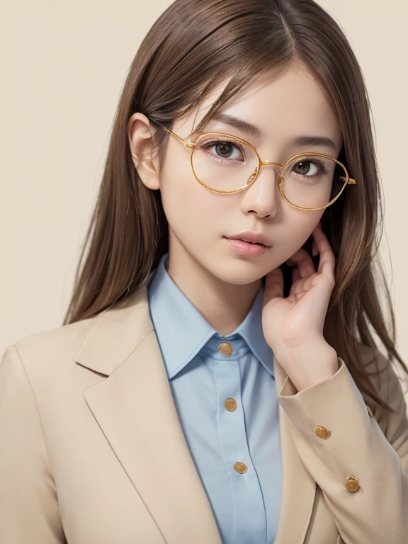 A clean and bright impression is preferred for the photograph.、 (Realistic:1.4), RAW Photos, Japanese women、alone、((((Beautiful face like an actress)))),((((Beige formal suit:1.4)))),(((Delicate round gold-rimmed glasses)))、Realistic proportions, Complex,detailed, Sharp focus,high quality, Ultra-high resolution, masterpiece, completion, detailed.impressive, Attention to detail, (((A simple blue background:1.4))),((( Studio Light:1.3 ))),((Light light brown hair:1.2)、Realistic skin texture,