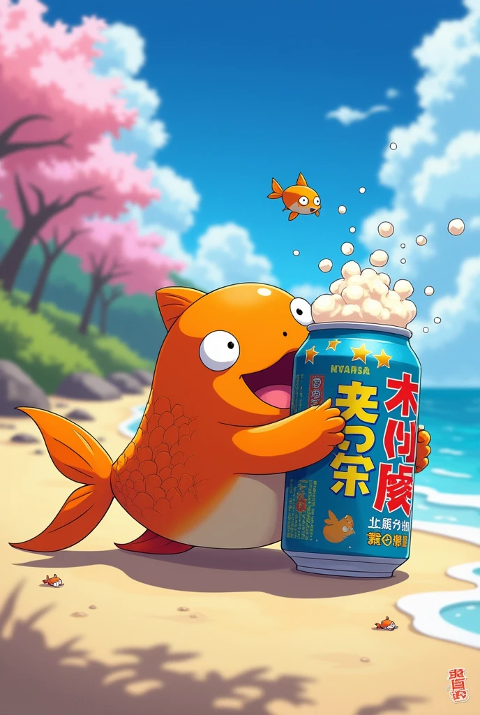 (anime), a magikarp drunk a japanese coke and his eyes are twisted beacuse its not a single coke its a beer