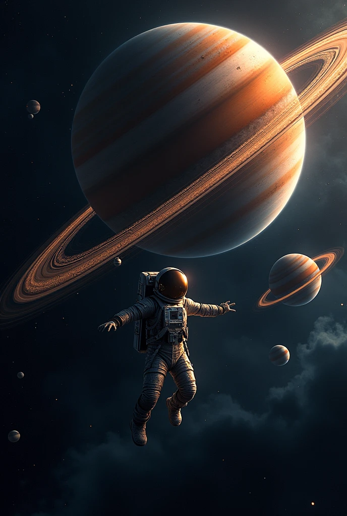 Astronaut floating in space, one planet with a ring, four other planets with debris 