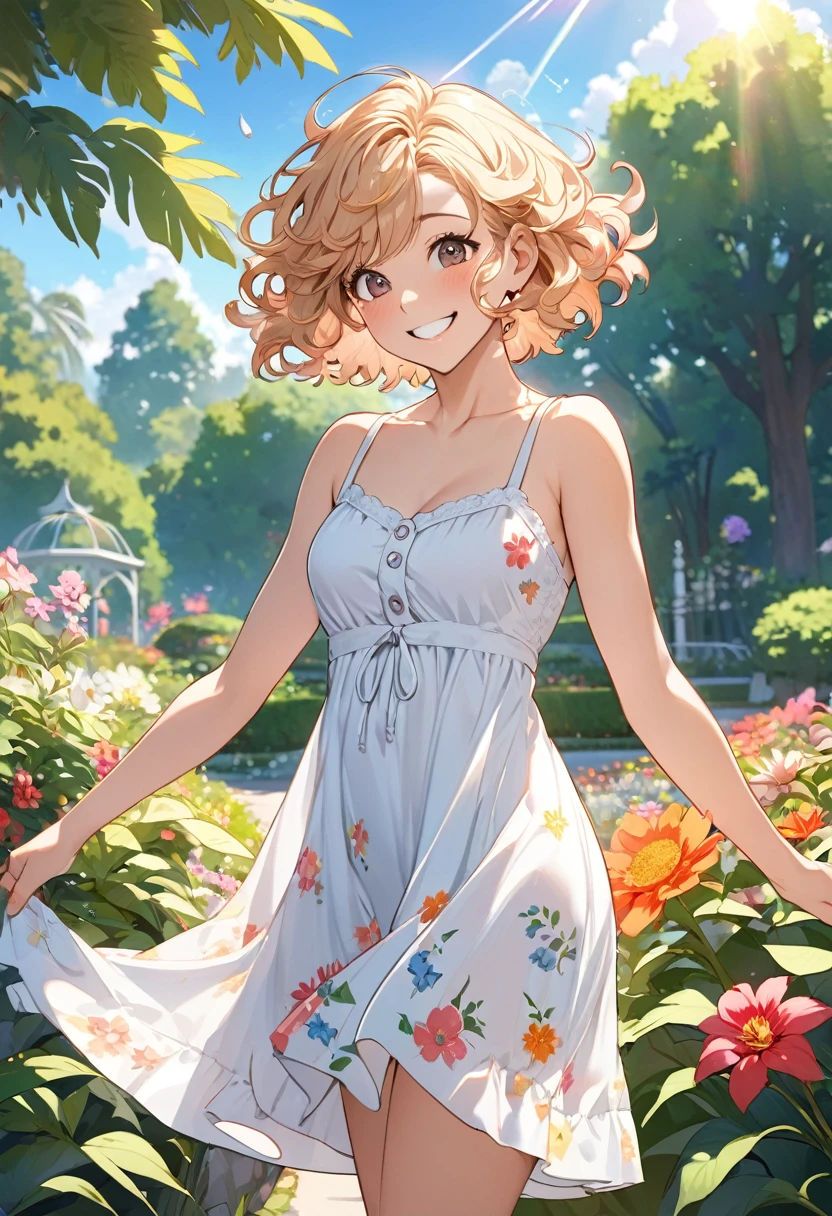 masterpiece, Highest quality, Absurd, Perfect Anatomy, One person, alone, PascalTales, short hair, beautiful, Hilarious, sunny day, botanical garden, Summer winds, Sundress, Floral, Wavy Hair, smile