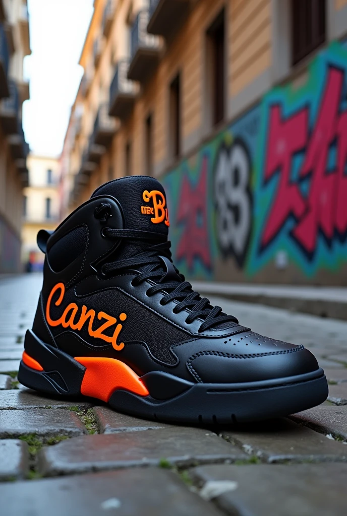 create a photo of a sneaker in the streetwear style written 'Canzi', to use as an example, and I don't have the Nike symbol
