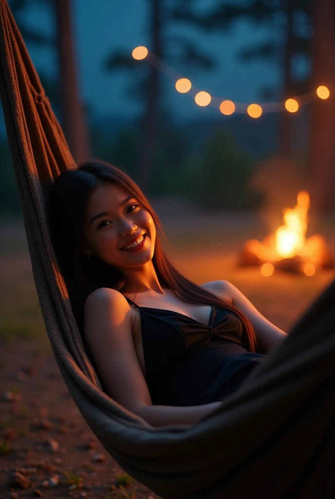 20 years old asian girl with long hair couch in hammock, camping, nightlife, teeth smile, black evening dress, full body, brunette hair, beautiful girl, big boobs, some facial imperfections, no makeup, highly detailed face, (beautiful deatailled eyes:1.2), real human, ultra detailed, (texture:1.1) (realism:1.1)