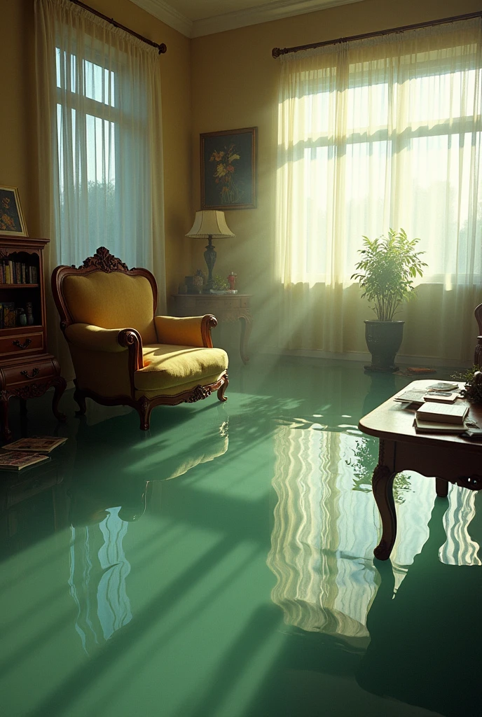 kodak portra 4 0 0 photographic and realistic, 7 0 s living room, detailed, octane render, unreal engine, 4 k, artstation, hyper realistic, wide angle, floor flooded, how a river, objects that float, 3 5 mm, sharp focus, soft light, volumetric light fog, in the style of gregory crewdson, dramatic lighting, dramatic scene