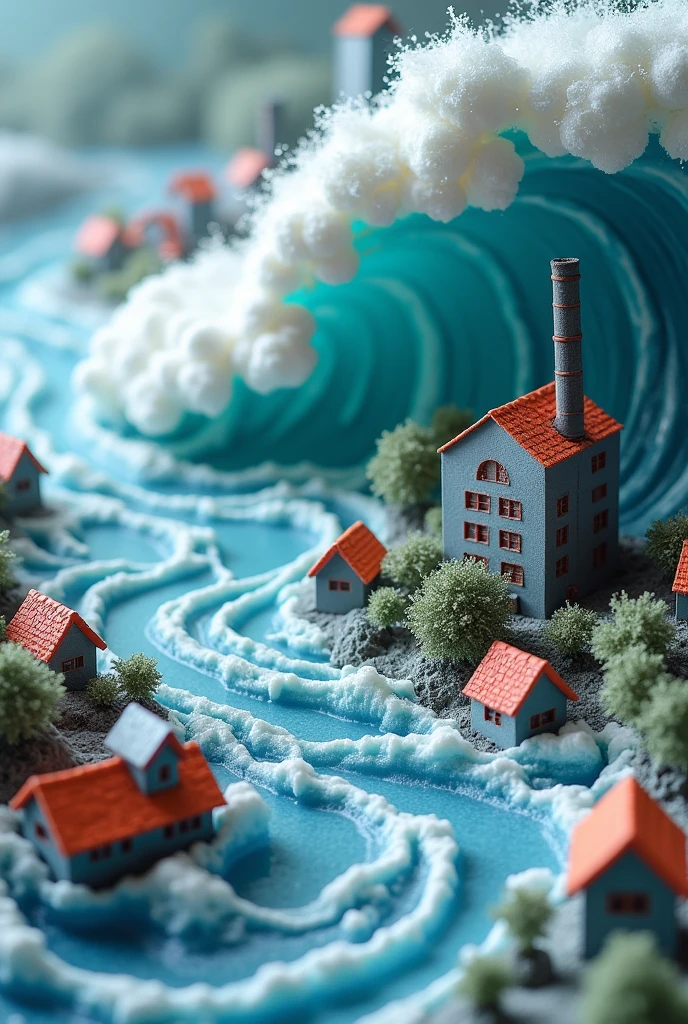 styrofoam model with a wave crossing a city representing a flood, containing houses and only one factory
