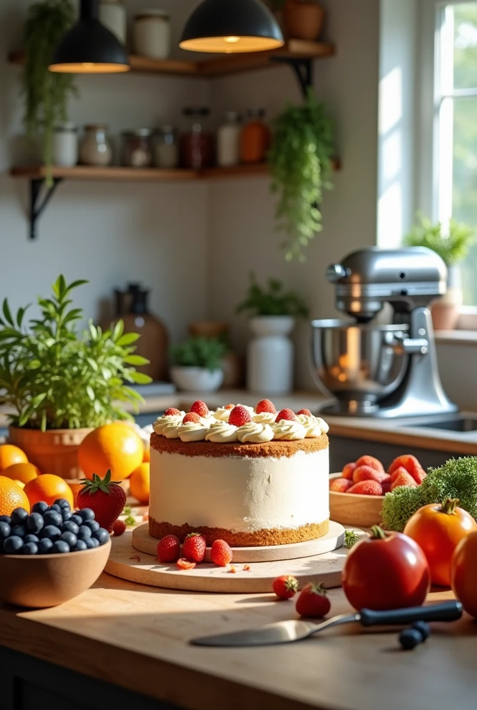 A well-decorated kitchen table, with utensils like a blender, fresh fruit, and a cake in the process of being decorated, suggesting the product's versatility in the kitchen.