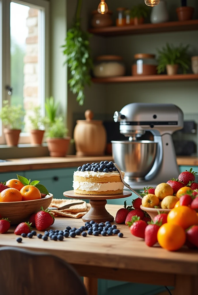 A well-decorated kitchen table, with utensils like a blender, fresh fruit, and a cake in the process of being decorated, suggesting the product's versatility in the kitchen.