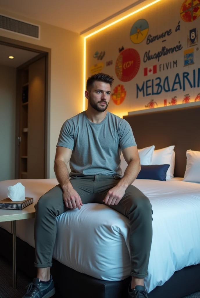 Homme caucasien grand de taille, charmant, un peu costaud, habillé en pantalon et tee-shirt manche longue, un homme dans une grande chambre d'hôtel, bien assis sur le lit ou sur le bord du lit le regard droit et fixé en avant en étant assis sur le lit dans une grande chambre d'hôtel et à côté du lit ou devant le lit il faut qu'il y ait UNE TABLE et sur la table à côté du lit ou devant le lit il faut qu'il y ait un papier mouchoir déjà utilisé sur la table et sur le lit de l'hôtel qu'il soit déposer un grand cadre de photo ou un cadre de photo moyen sur le lit, un cadre de photo qu'il est possible de FAIRE ARRÊTER SUR LE LIT et regardant dans la direction avant et sur le mur du chevet du lit un tableau sur lequel il est écrit en français : Bienvenue à Melbourne AUSTRALIE et autour de la phrase qu'il y ait les emblèmes du Canada Québec ou le drapeau du Canada Québec