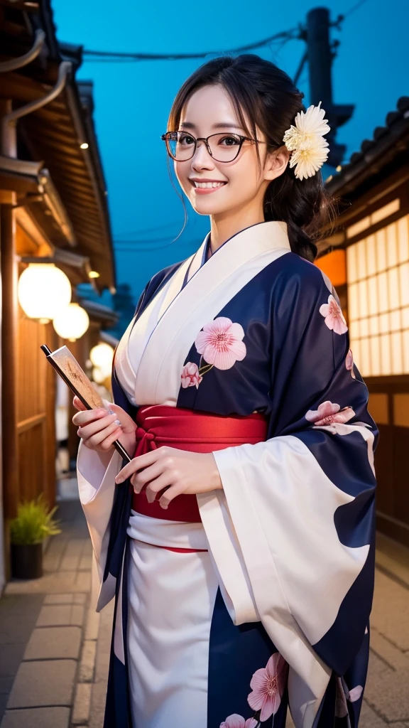 (Super beautiful woman in kimono)、((highest quality、8K masterpiece:1.3))、sharp focus:1.2、(super beautiful face:1.0)、(shiny skin:1.0)、realistic pictures、black hair、video lighting、High resolution eyes and face、video lighting、japanese actress、from the front、big breasts、with a happy smile、Slender abs beauty、whole body、wearing a kimono、in Kyoto、(((luxury obi)))、In Kyoto at night、wearing glasses with no edge、with a fan、Fireworks Display