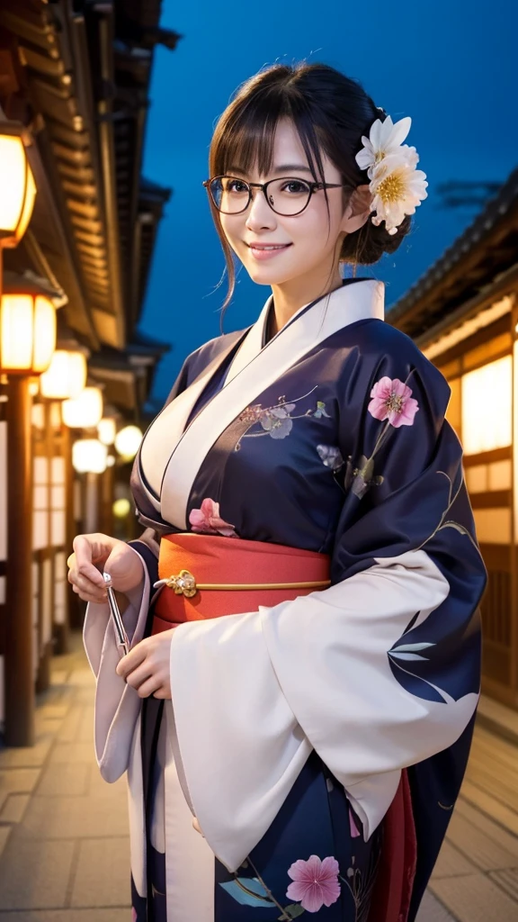 (Super beautiful woman in kimono)、((highest quality、8K masterpiece:1.harp focus:1.2、(subeautiful face:1.0)、(shiny skin:1.0)、realistic pictures、black hair、video lighting、High resolution eyes and face、video lighting、japanese actress、from the front、big breasappy smile、Slender abs beauty、whole body、wearing a kimono、in Kyoto、(((luxury obi)))、In Kyoto at night、wearing glasses with no edge、with a fan、Fireworks Display