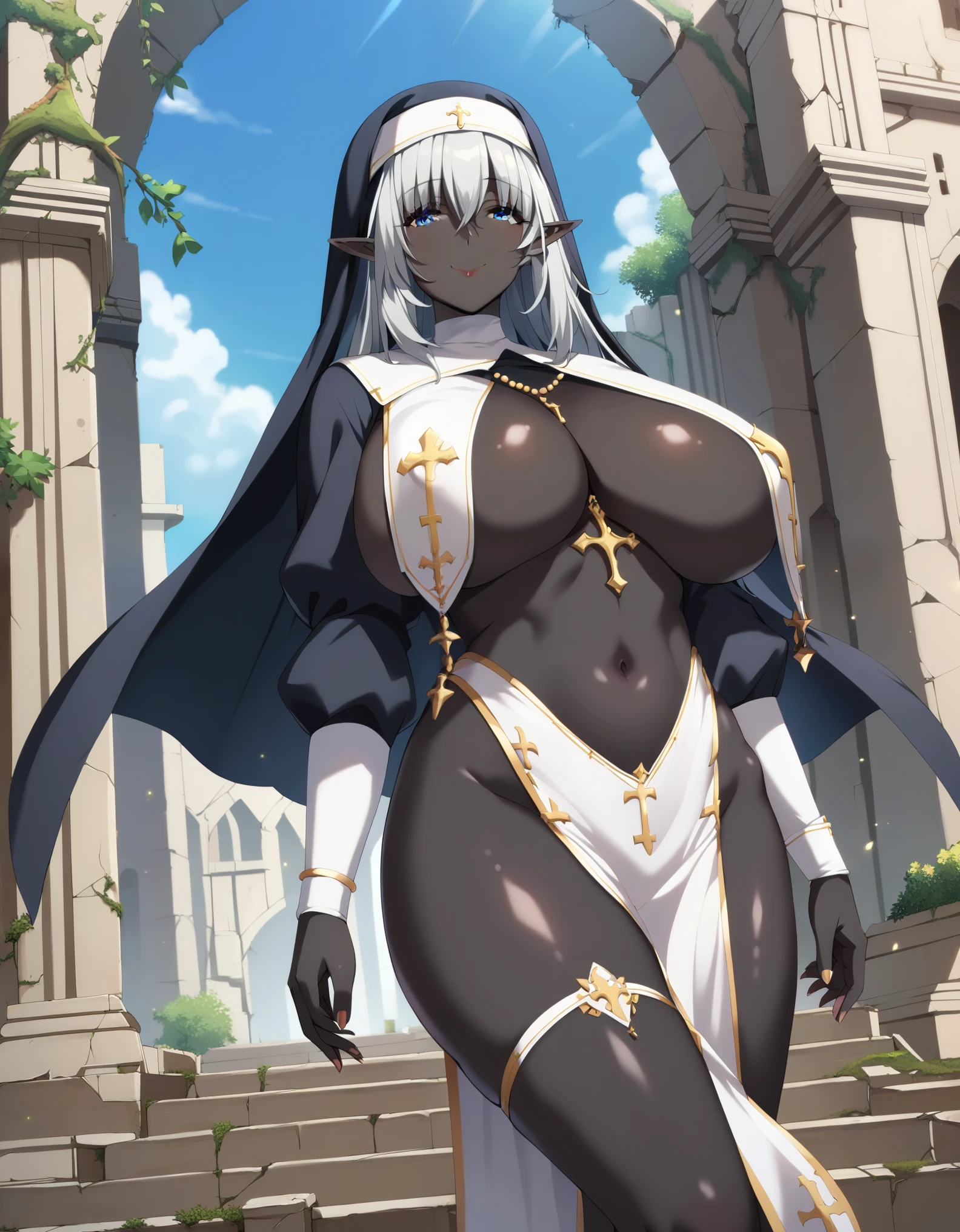 masterpiece, score_9, score_8_up, score_7_up, source_anime, best quality, extremely detailed, 1girl, milf, solo, (colored skin, black skin:1.8), shadowbeta, beta, (huge breasts), ((((gray hair), long hair, blue eyes, pointy ears))), red lips, (((nun, breast curtains, navel, pelvic curtain))), ((naughty smile), closed mouth), ((outdoor, ruins))