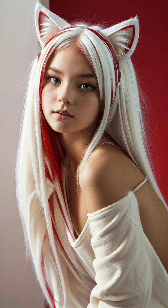 masterpiece, highest quality , enlightenment,1 perfect portrait of a girl, A fascinating eye for perfect detail, colorful hair, (Red+white soft hair:1.6), (Cat ears:1.3), Fantasy red background, {exposed bare shoulders} ,{long-term alienation_sleeve}, {lean forward a little}, If you look up, hair ornaments, {shy },please shut your mouth, head tilt, movie lighting, oversized clothes, ((seductive pose)), 