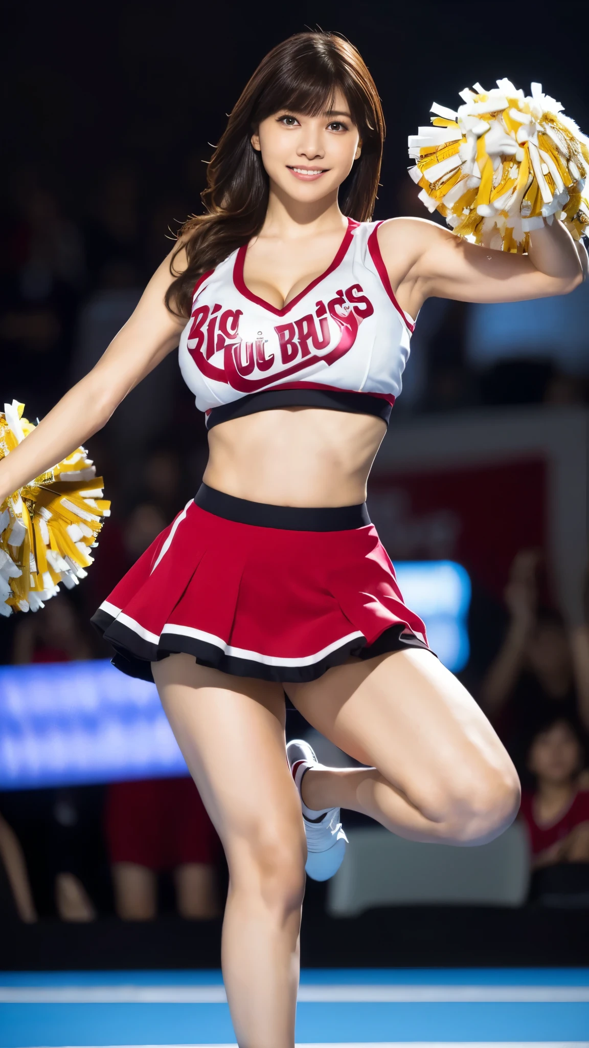 (8k,Ultra-high resolution,Highest quality,masterpiece,Realistic,Ultra-high resolution,High-quality RAW color photos,Professional photos,Realistic,Realistic),Natural skin texture,Fine skin,Hyperrealism,Intricate details,Adult women,Eye highlights.Lip gloss,Glossy Lips,(Cute smile,Semi-long hair,Dark blonde hair,bangs),((gigantic ,Big Breerleader,cheer leading,mini skirt,face focus),Arena,dynamic dance,((Panty shot,full bynamic pose,support))