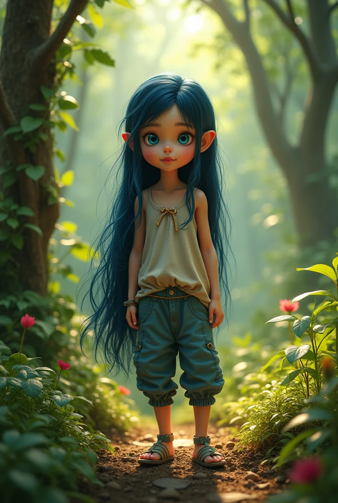 (photorealism:1.2), female toddler child, standing in forest, wearing loose top, fantasy pants, long blue hair, outdoors, soft lighting, plants in background, relaxed pose, facing forward, realistic, intricate details, warm colors, by Greg Rutkowski, by Alphonse Mucha
