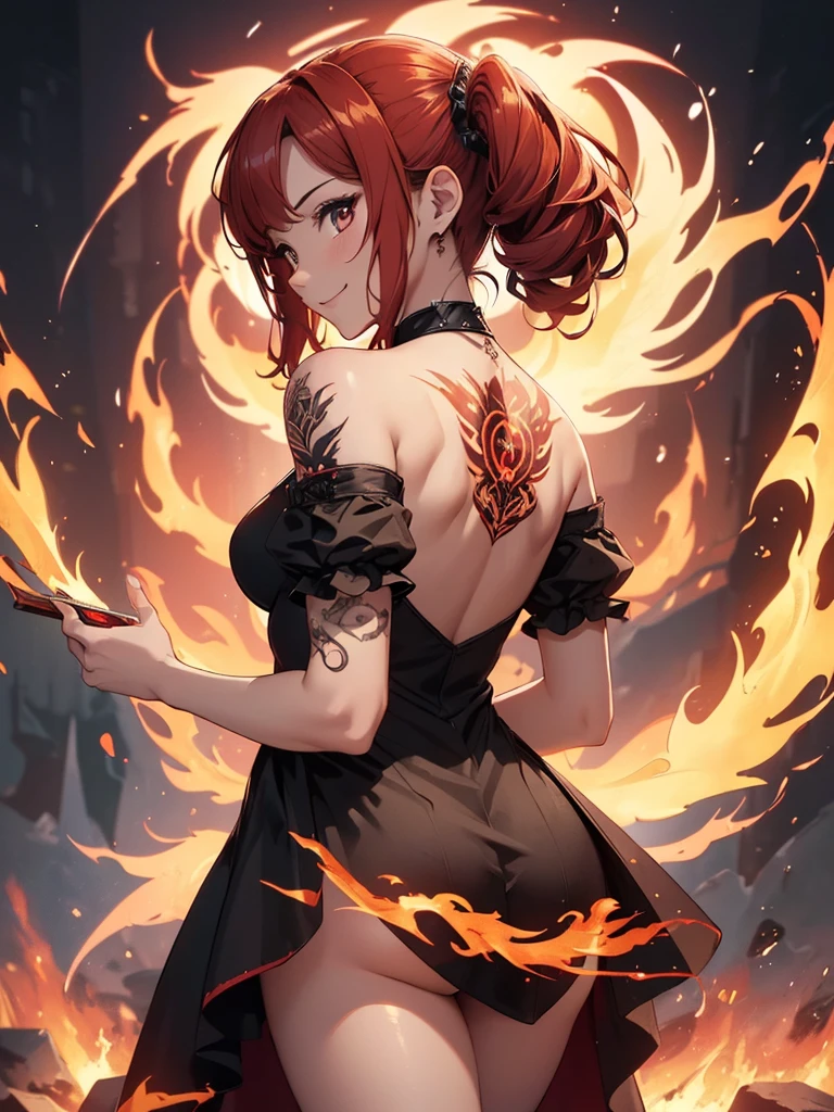 (((best quality, sharp image, clear image, cinematic lighting, 8k resolution, masterpiece, ultra detailed, intricate))) Girl, (((looking over left shoulder))), (shot from behind), ((shot from hip up)), fiery red hair, pigtails, ((intricate black dress)), ((flaming sigils, flaming runes)), spiky rock formations, (flaming lotus flowers frame), (intricate background), (chaotic background), (busy background), ((Phoenix)), (swirling flames), smiling,tatoo on back