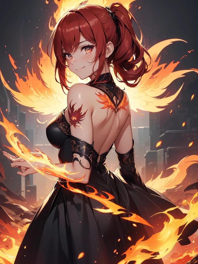 (((best quality, sharp image, clear image, cinematic lighting, 8k resolution, masterpiece, ultra detailed, intricate))) Girl, (((looking over left shoulder))), (shot from behind), ((shot from hip up)), fiery red hair, pigtails, ((intricate black dress)), ((flaming sigils, flaming runes)), spiky rock formations, (flaming lotus flowers frame), (intricate background), (chaotic background), (busy background), ((Phoenix)), (swirling flames), smiling,tatoo on back