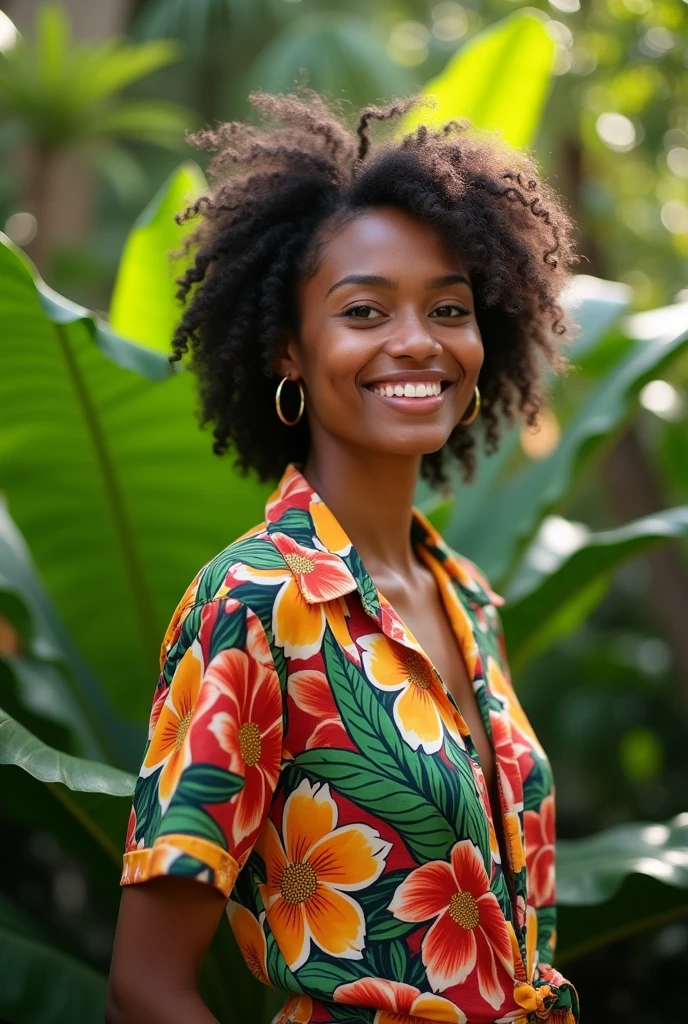 A Brazilian woman in a lush tropical garden, wearing an open shirt with a floral print, with a close-up capturing the harmonious beauty between her breasts and the natural flowers, showing off your natural charm and outgoing personality.