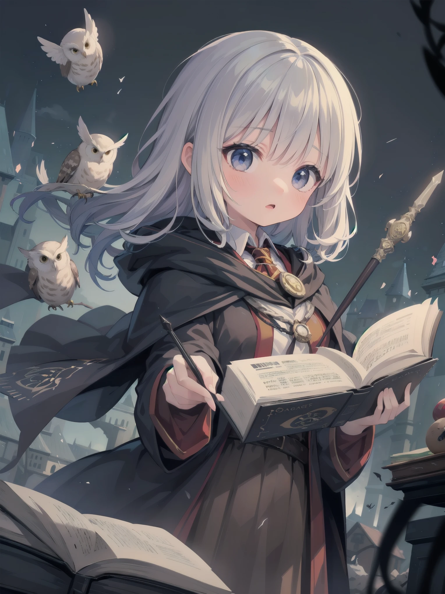 Masterpiece, Top Quality, Absurd, High Resolution, Subject Seismic, Animation Style Illustration with Mock Pause, 1 Girl, Solo, Cute random hairstyle, beautiful random expression and face, random age, slender, random clothing for situation,wizard robes, wand, magical castle, owl, spell book, (Hogwarts: 1.2), magic, wonder, (Harry Potter inspired: 1.3), mysterious atmosphere, details