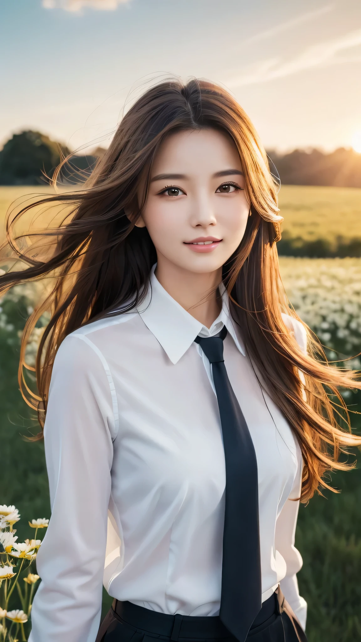 highest quality、genuine、Super detailed、finely、High resolution、8k wallpaper、one beautiful woman、、、light brown disheveled hair、wearing a business suit、sharp focus、perfect dynamic composition、beautiful and detailed eyes、thin hair、Detailed genuine skin texture、smile、model body shape、In a windswept meadow