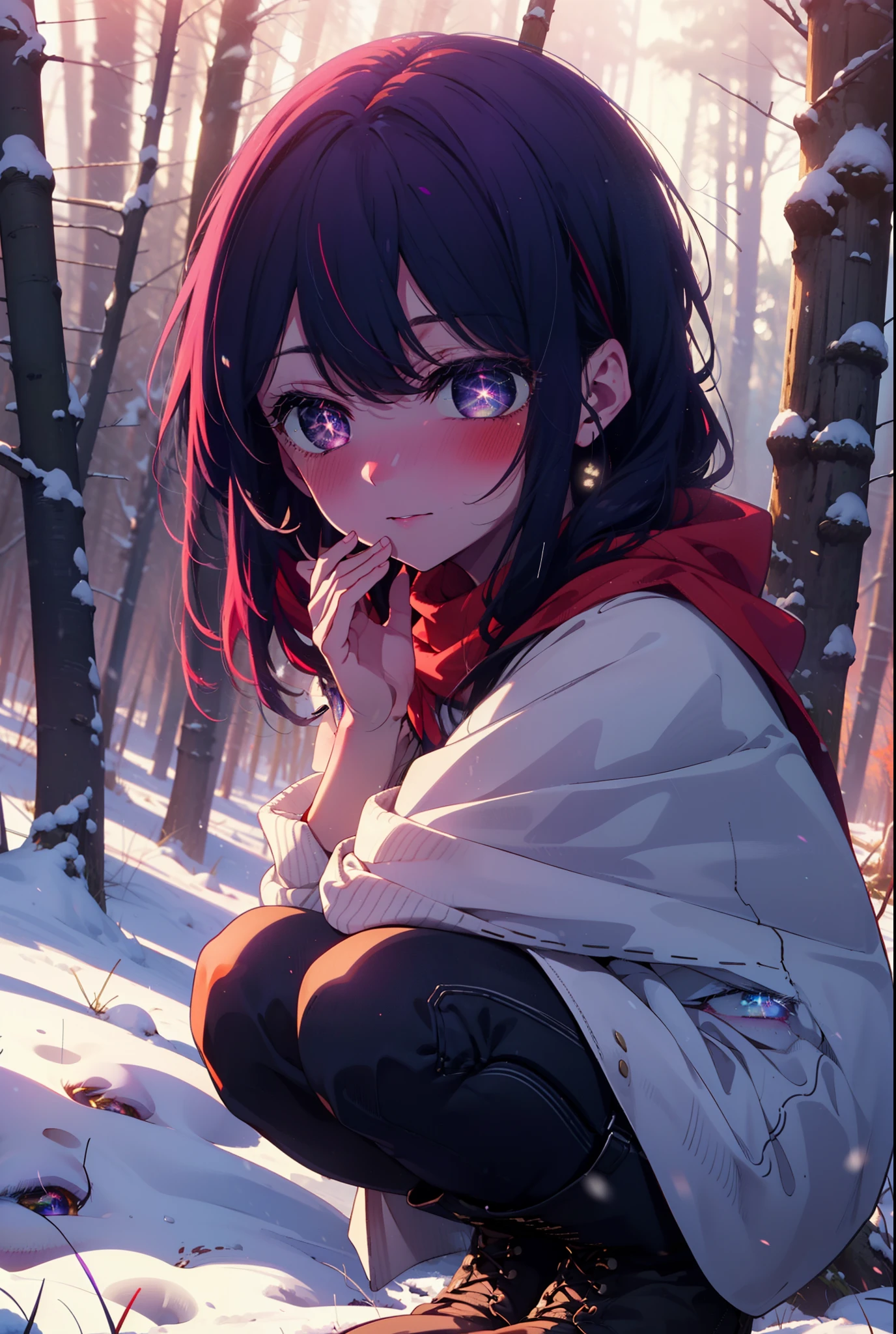 aihoshino, Ai Hoshino, Long Hair, bangs, (Purple eyes:1.1), Purple Hair, (Symbol-shaped pupil:1.5), smile,,smile,blush,white breath,
Open your mouth,snow,Ground bonfire, Outdoor, boots, snowing, From the side, wood, suitcase, Cape, Blurred, , forest, White handbag, nature,  Squat, Mouth closed, Cape, winter, Written boundary depth, Black shoes, red Cape break looking at viewer, Upper Body, whole body, break Outdoor, forest, nature, break (masterpiece:1.2), Highest quality, High resolution, unity 8k wallpaper, (shape:0.8), (Beautiful and beautiful eyes:1.6), Highly detailed face, Perfect lighting, Highly detailed CG, (Perfect hands, Perfect Anatomy),